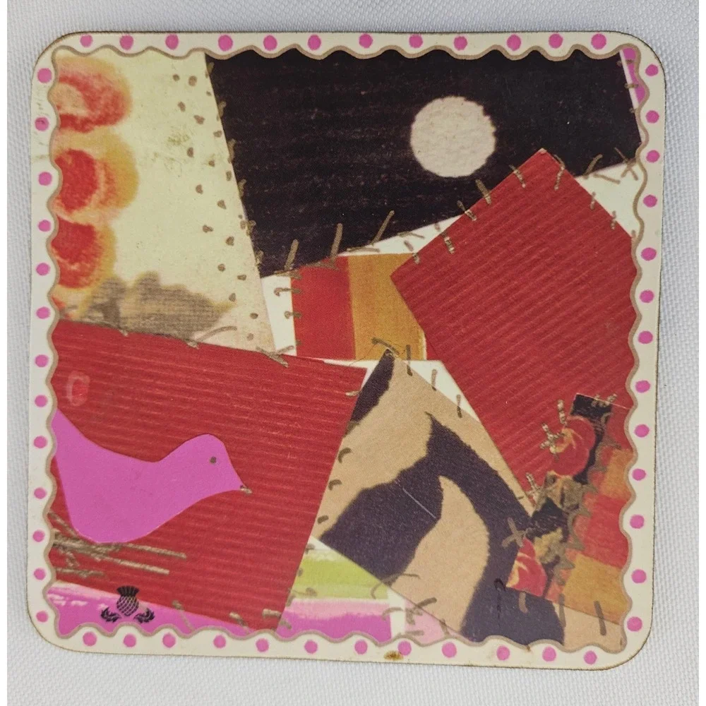 MacKenzie-Childs Set of 4 Collage Patchwork Cork Back Coasters Pink‎ Polka Dot